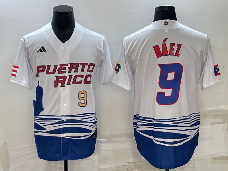 Men 2023 World Cub 9 Baez White MLB Jersey3